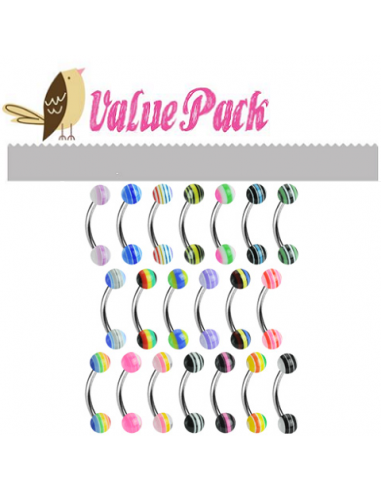 Wholesale Pack 10pcs SSteel UV Curved Barbell Eyebrow w/ Stripes Assorted Colors 