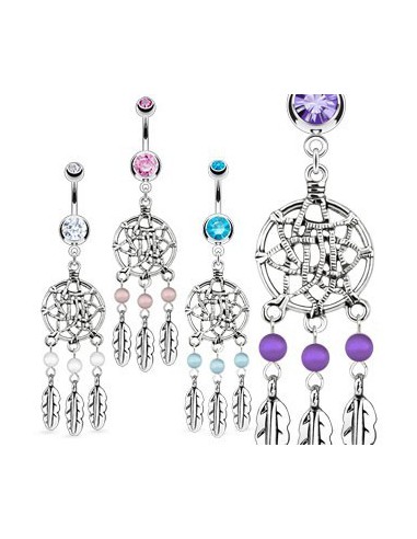 Surgical Steel Navel Ring Dream Catcher with Feathers Crystal