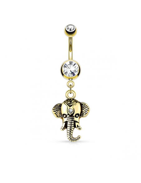 316L SSteel Silver Ion Plated Cubic Zirconia Paved Elephant Belly Ring Dangle 