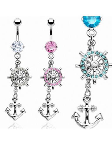 Belly Button Navel Ring Gem Ship's Wheel and Anchor