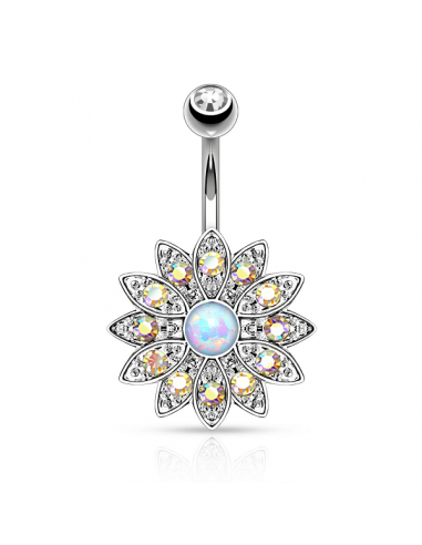 Belly Button Navel Ring Crystal Flower with Opal Center