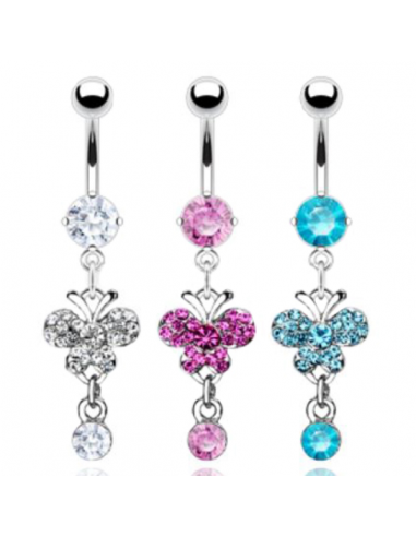 316L Surgical Steel CZ Gem Belly Ring with Pink Wings & CZ Gem Butterfly Dangle