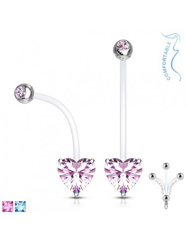 Pregnancy Belly Button Navel Ring Double Jeweled Prong Set Heart CZ