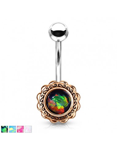 Belly Button Navel Ring Rose Gold Filigree Flower with Opal Glitter Center